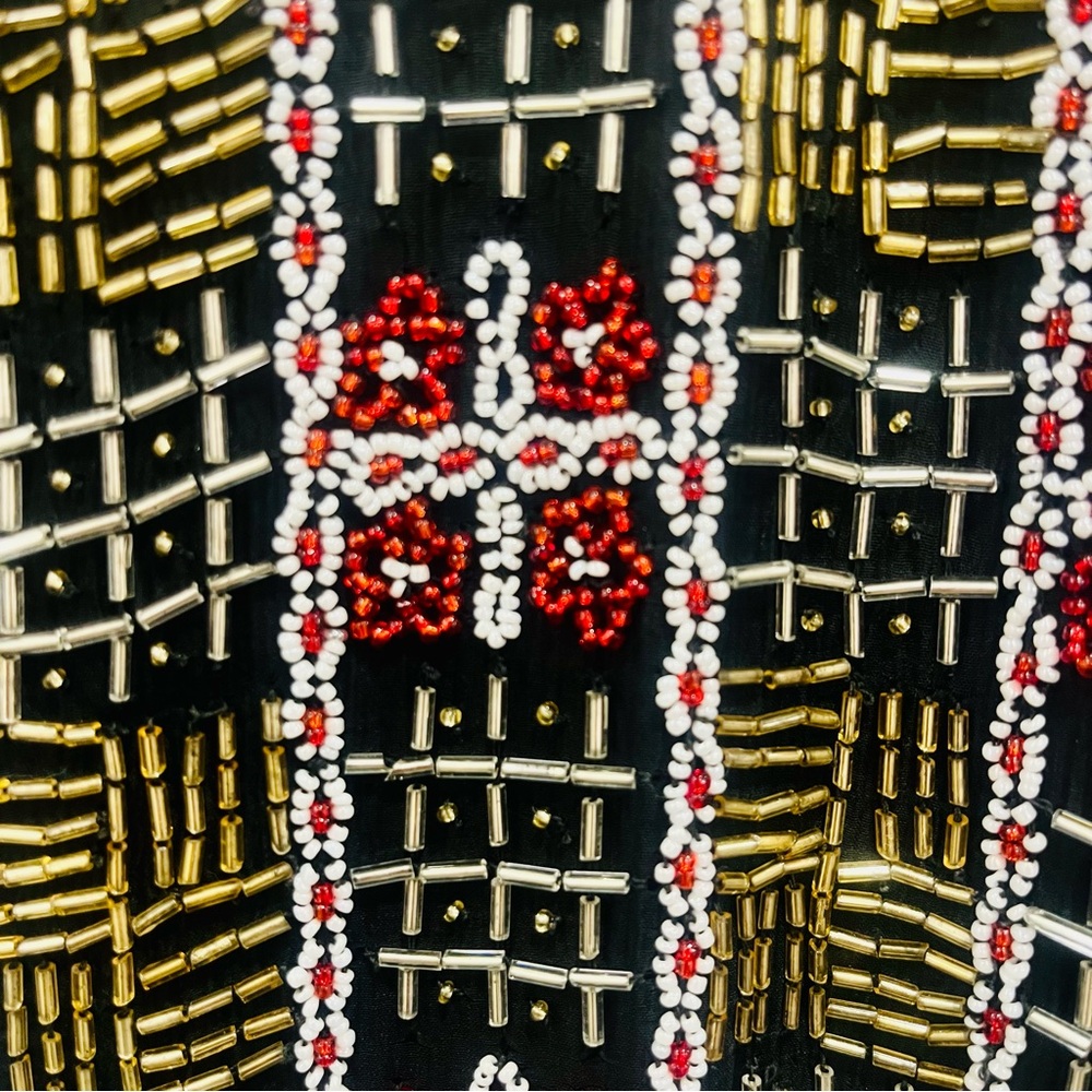 Vintage Silk Beaded Black Red Gold Geometric Pattern Mini Dress Small - Picture 9 of 10